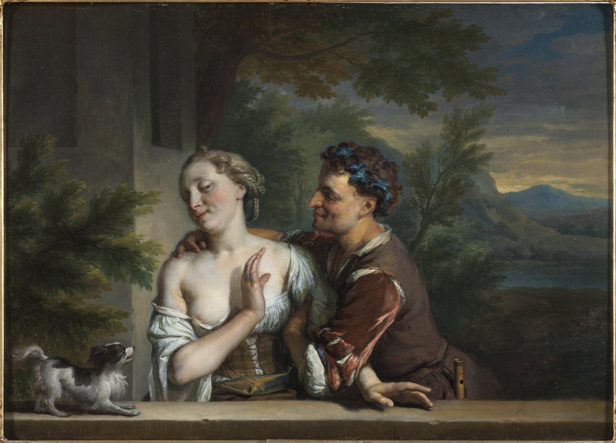 Een Man die een Vrouw probeert te omhelzen door Karel de Moor