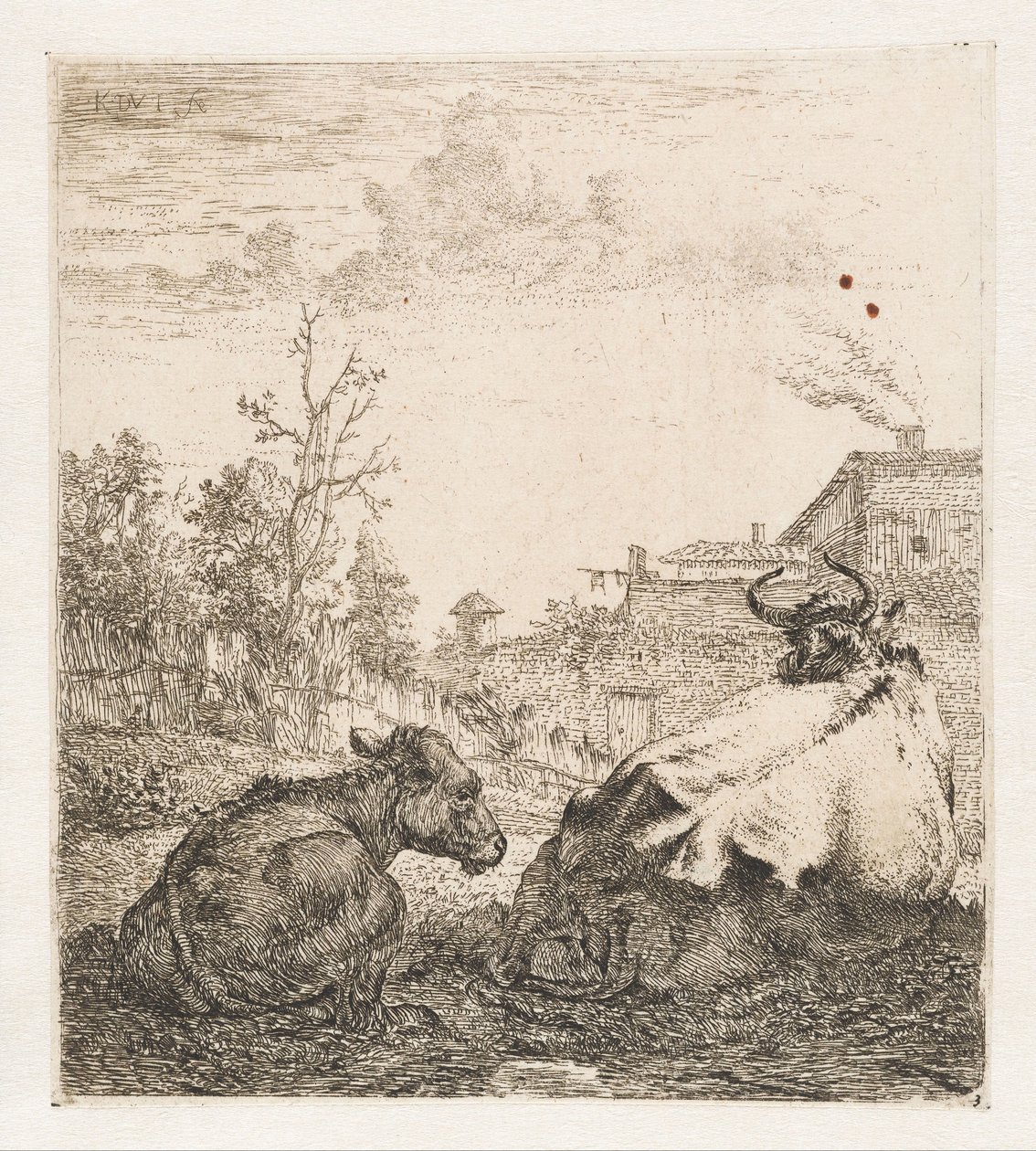 Liggende koe met kalf door Karel du Jardin (signed by artist)