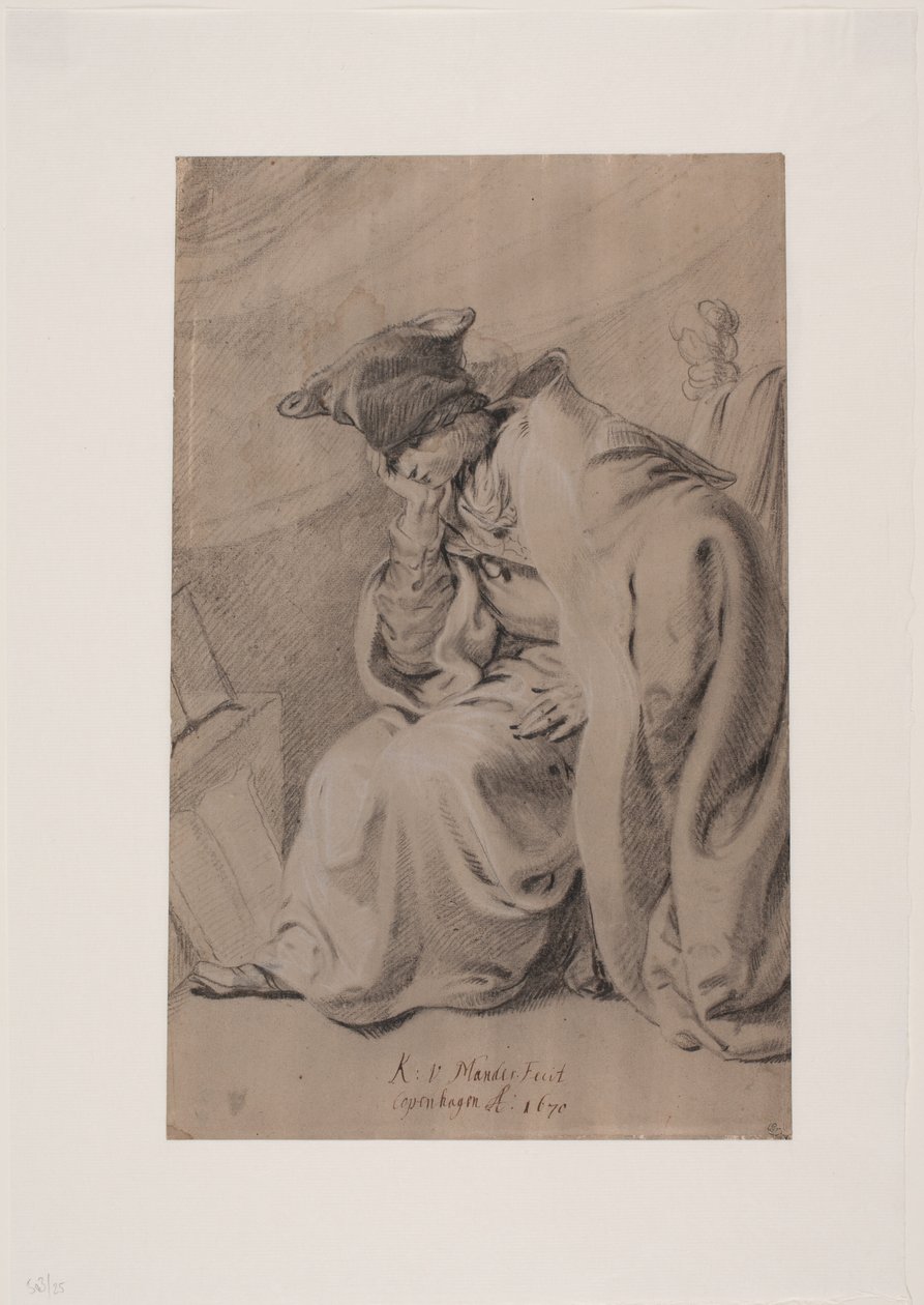 Peinzende jonge man met hand onder kin. Mantel en bontmuts door Karel van III Mander