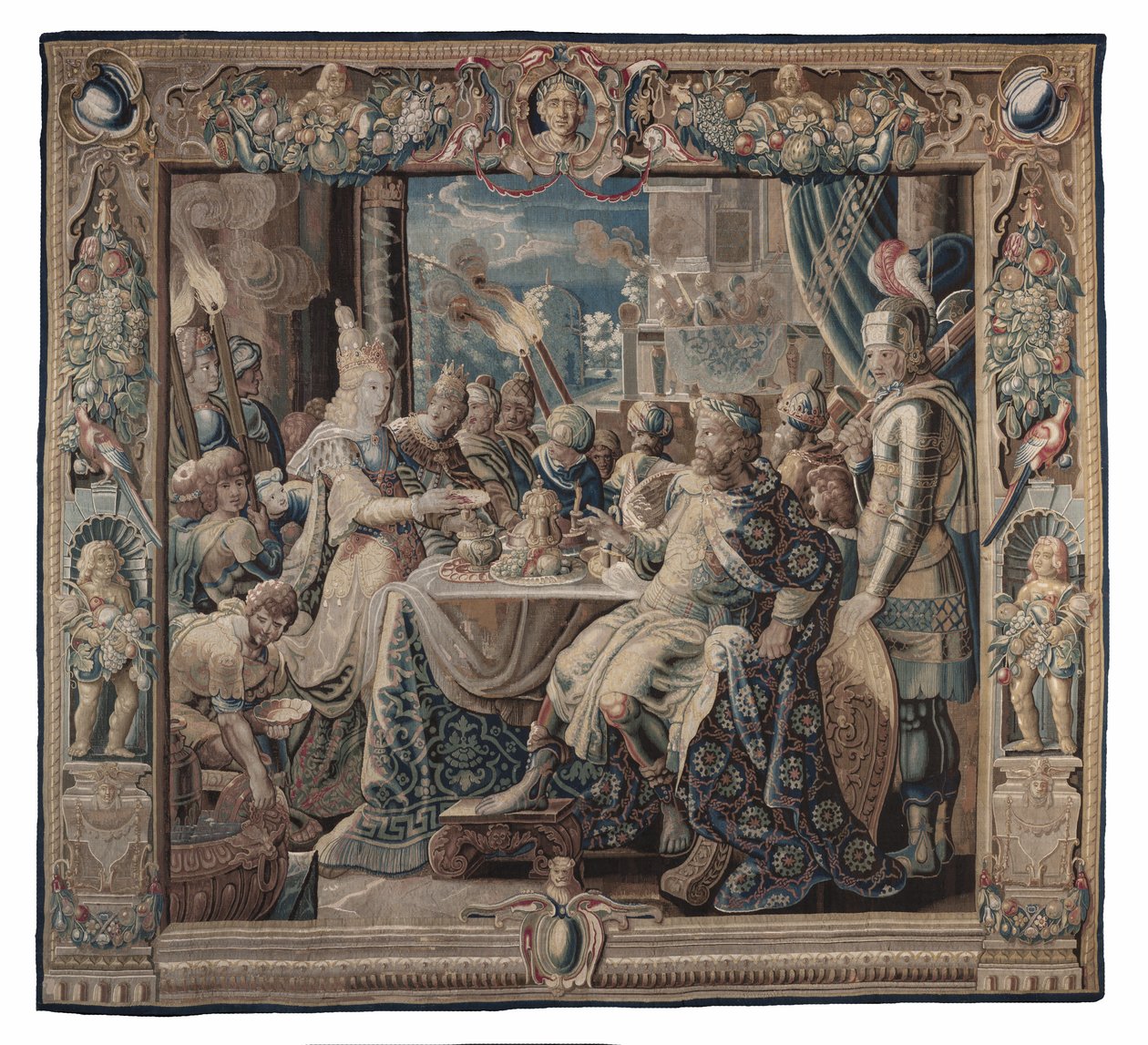 Cleopatra vermaakt Antony; wandtapijt door Karel van II Mander