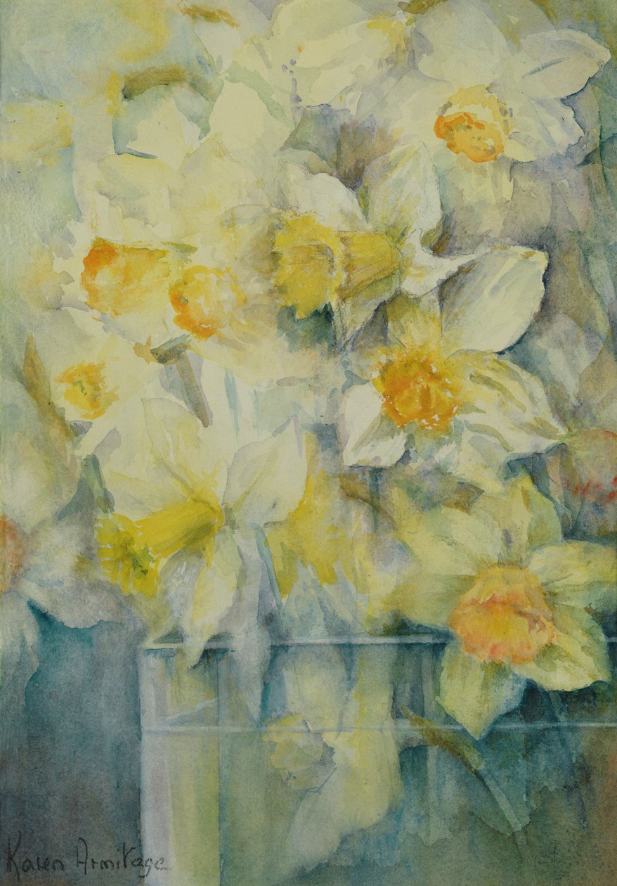 Lente, gemengde narcissen in tank nr. 3, mevrouw Krelage, Ice Follies en Fortune door Karen Armitage