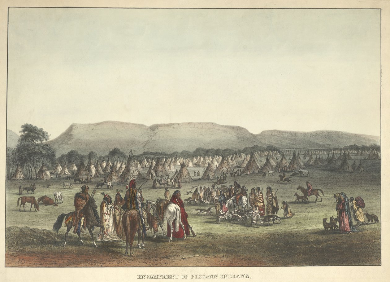 Kampement van Piekann-indianen, uitgegeven 1842 door Karl Bodmer