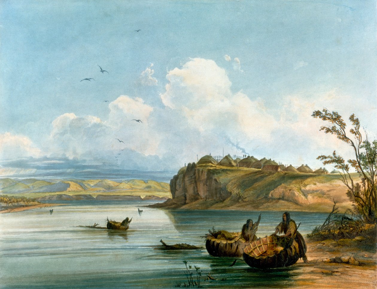 Mandan Native American vrouwen steken de Missouri-rivier over op boten gemaakt van buffelhuid, Native American beschaving, Verenigde Staten door Karl Bodmer