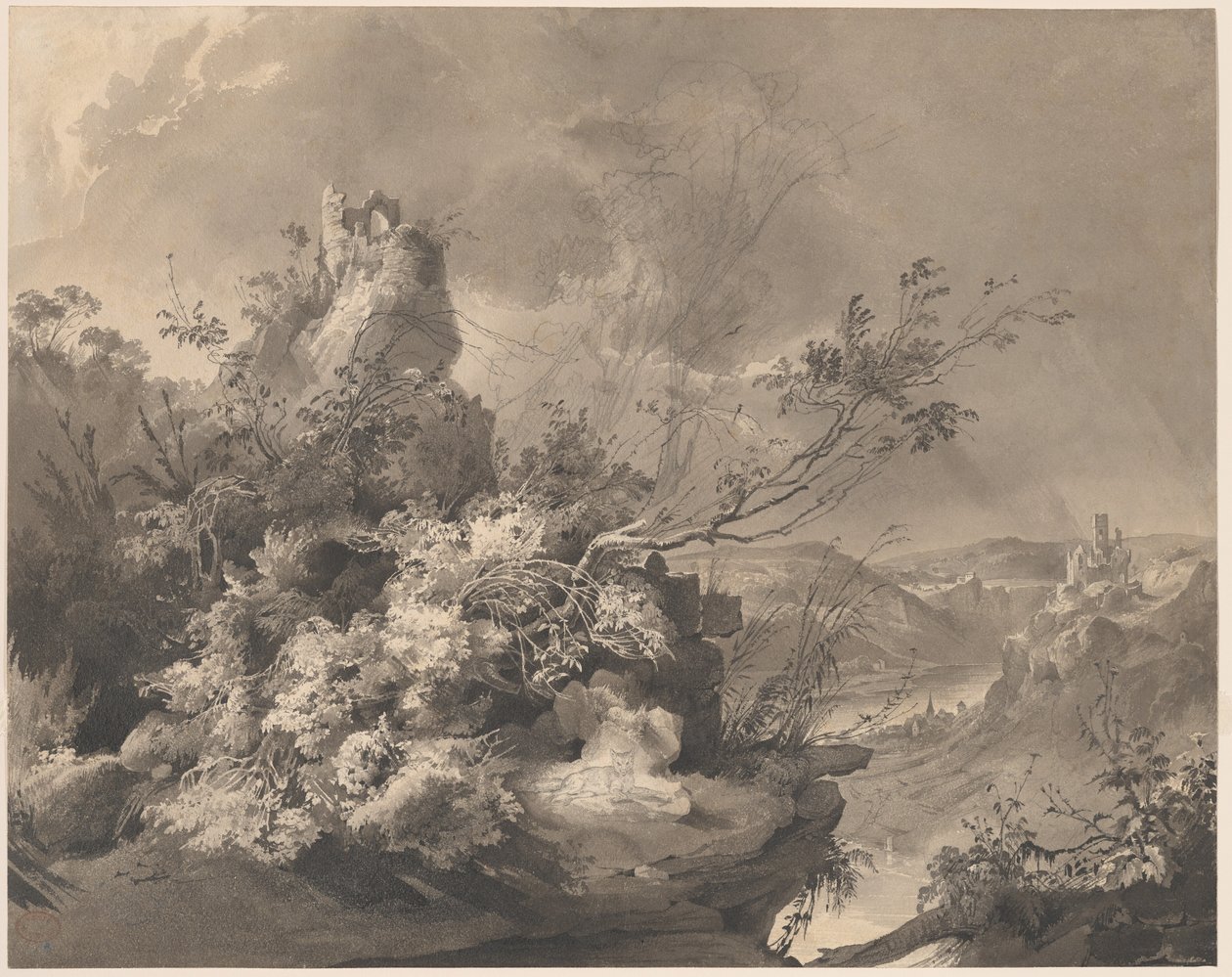 Vernielde Torens met Uitzicht op de Rijn door Karl Bodmer