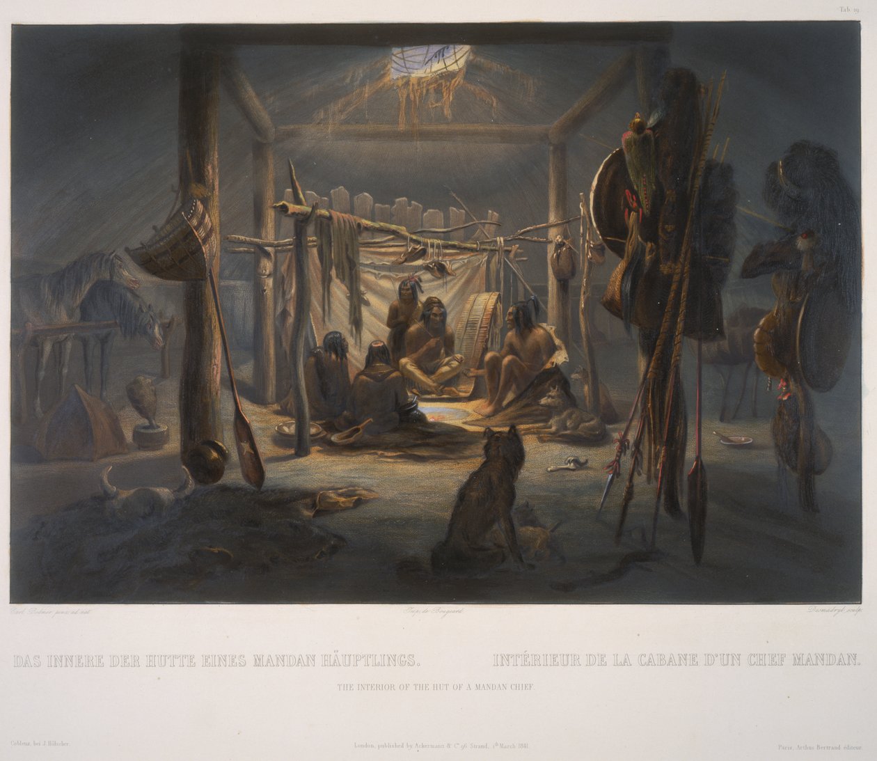 Het interieur van de hut van een Mandan-hoofdman door Karl Bodmer