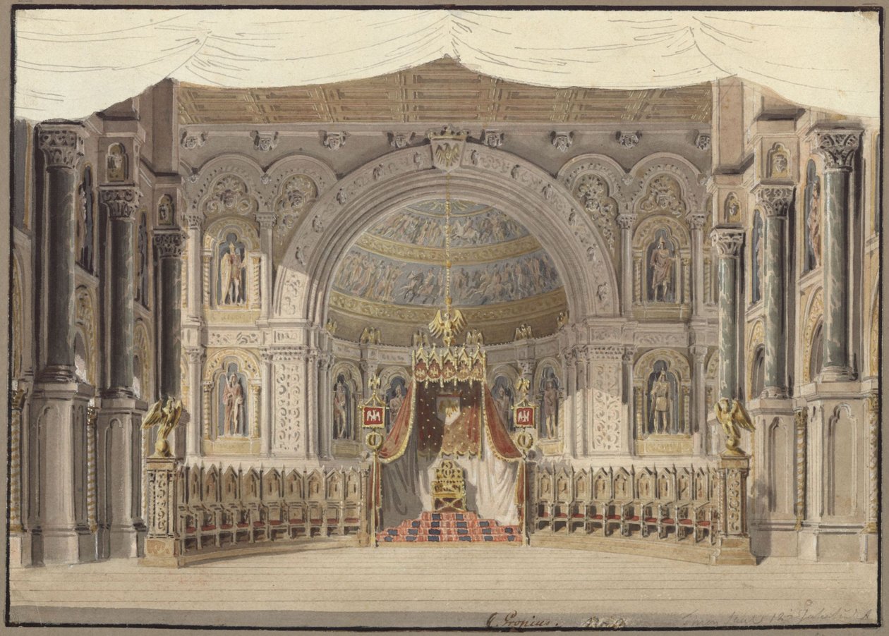 Agnes von Hohenstaufen. Opera van Gaspare Spontini. Ontwerp voor het eerste decor. Kaisersaal door Karl Friedrich Schinkel