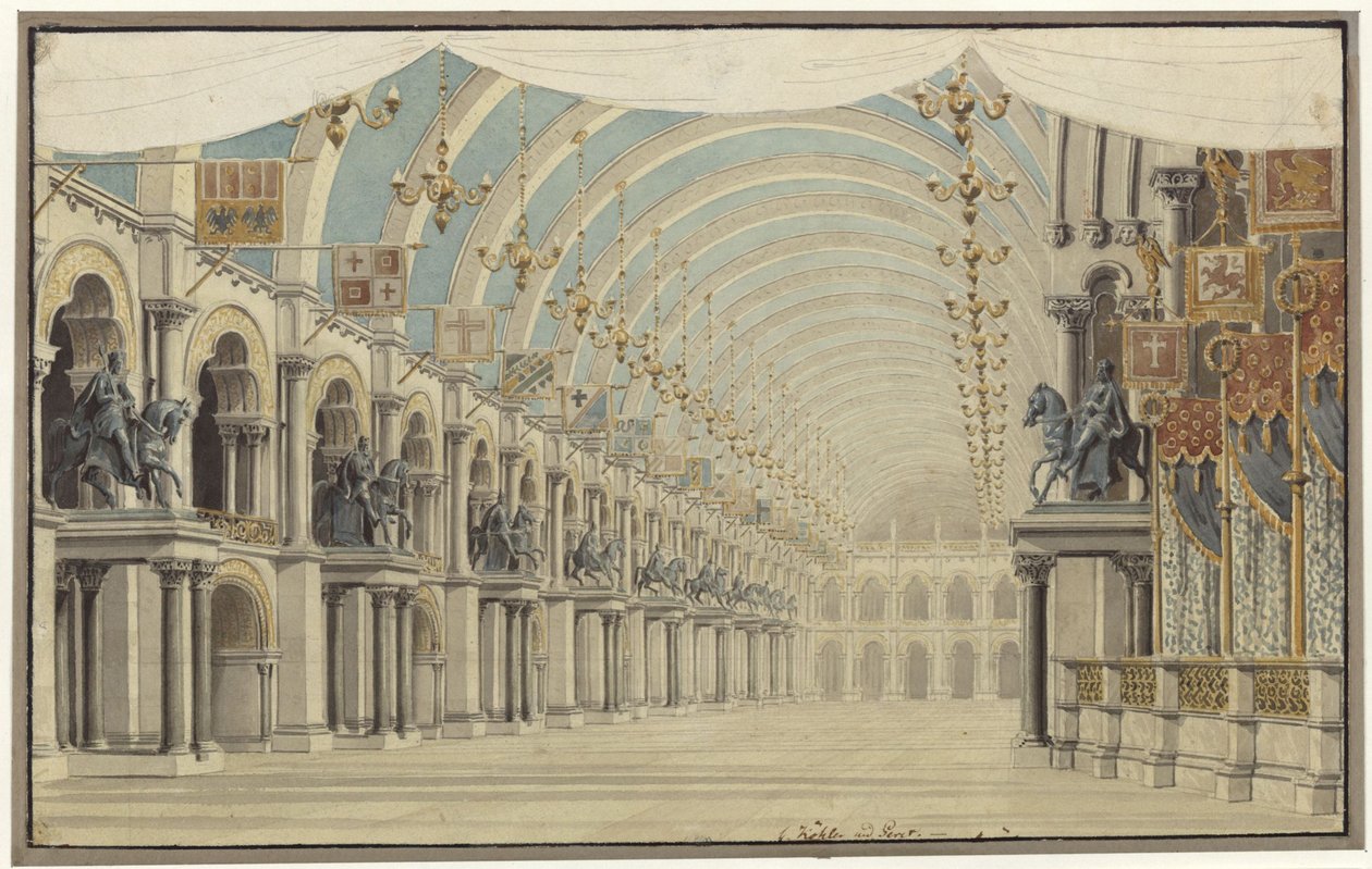 Agnes van Hohenstaufen. Opera van Gaspare Spontini. Ontwerp voor het 7e decor. Feest- en balzaal door Karl Friedrich Schinkel
