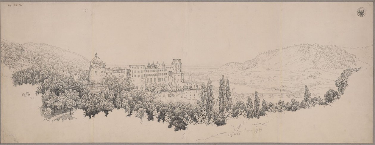 Gezicht op het kasteel van Heidelberg met de Neckarbrug en het Neckardal door Karl Friedrich Schinkel