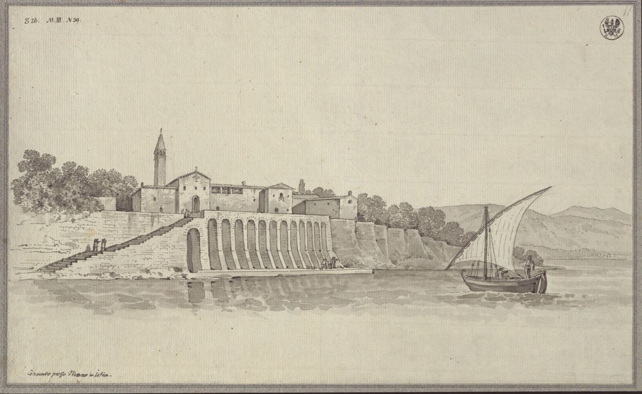 Uitzicht op het voormalige franciscanenklooster St. Bernardin tussen Portorož en Piran in Istrië, Slovenië door Karl Friedrich Schinkel