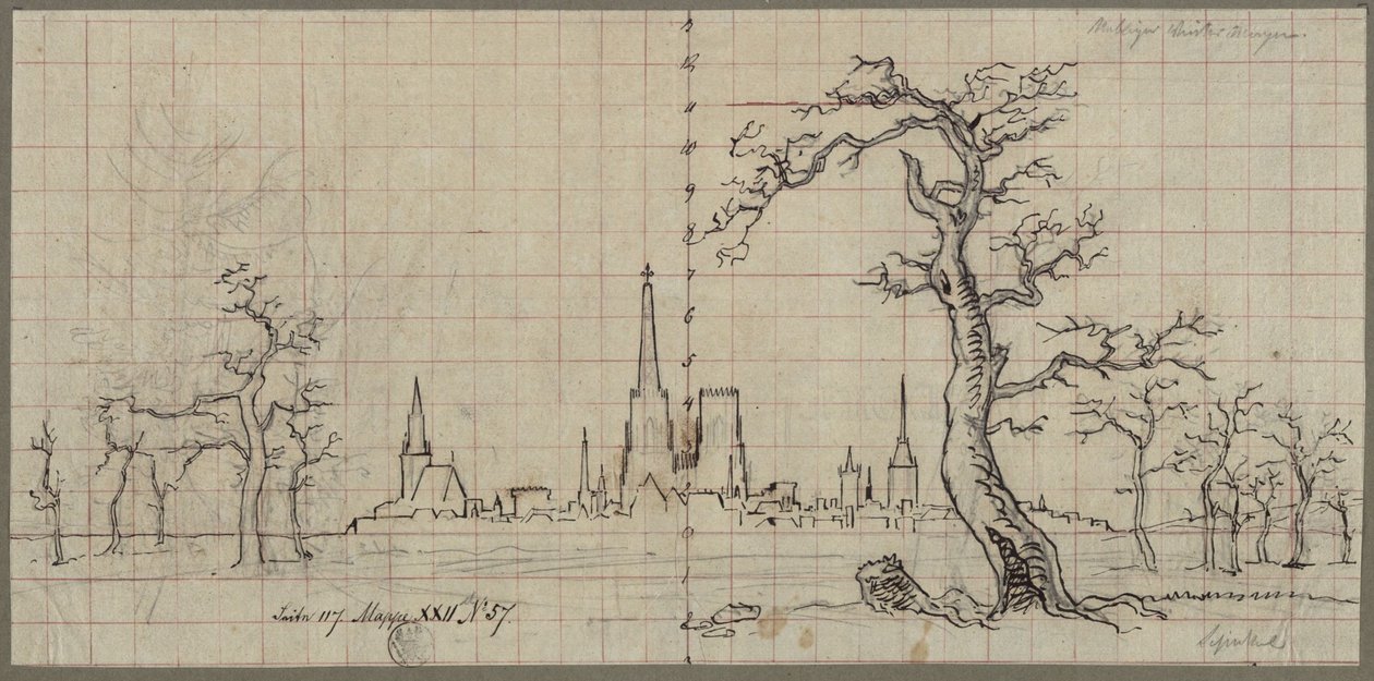 Gezicht op een stad met een hoog oprijzende kathedraal in een winterlandschap door Karl Friedrich Schinkel