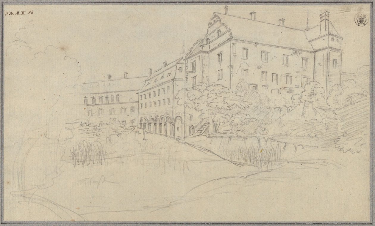 Uitzicht op een kasteel met renaissancegevels in Silezië of Bohemen door Karl Friedrich Schinkel