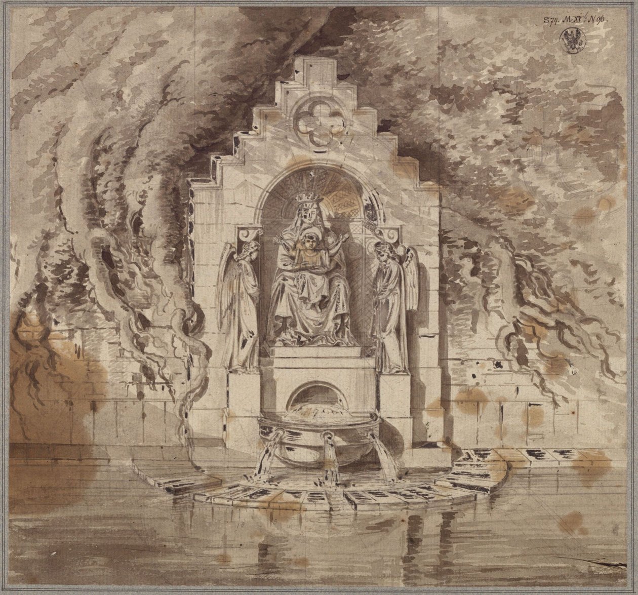 Architectonische omlijsting van een fontein met een beeld van de Madonna en twee engelenbeelden door Karl Friedrich Schinkel