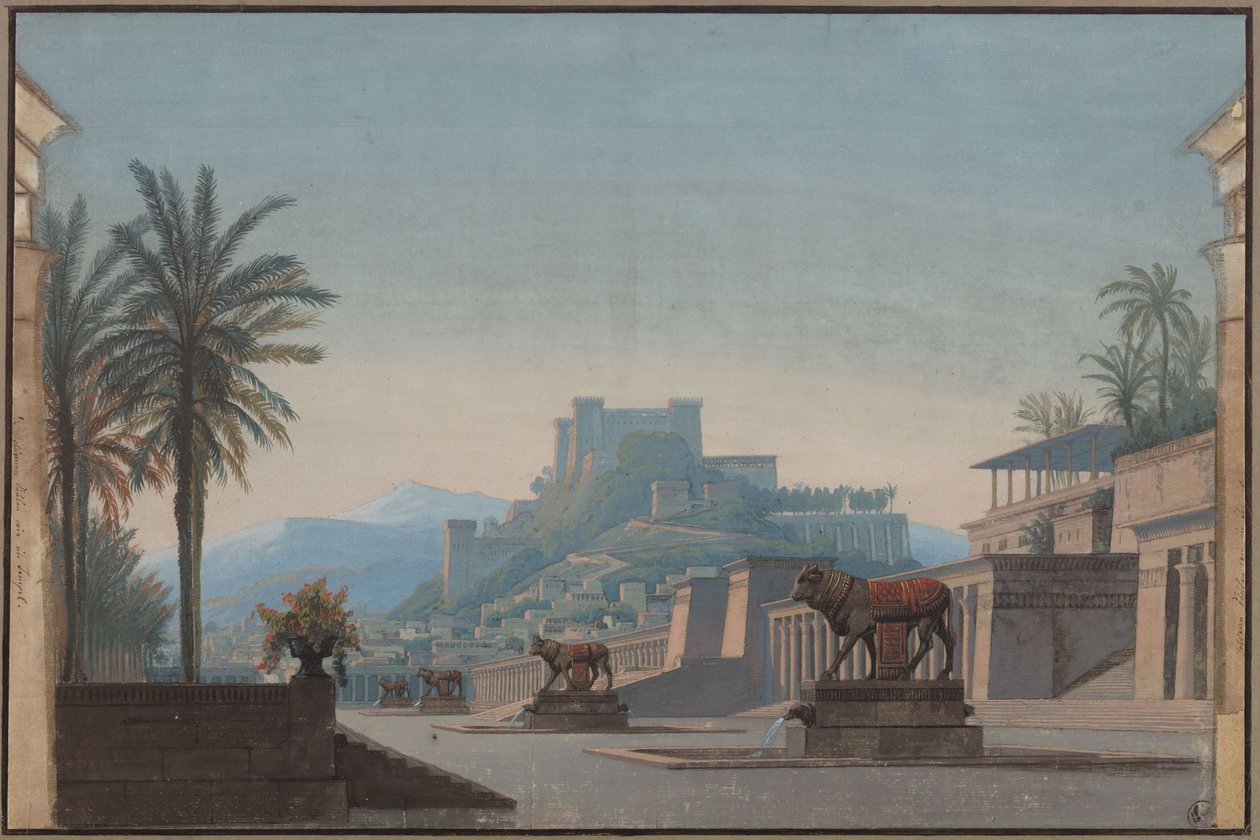 Athalia. Opera van Johann Nepomuk von Poissl. Ontwerp voor het eerste decor. Uitzicht op Jeruzalem en de burcht van Sion door Karl Friedrich Schinkel