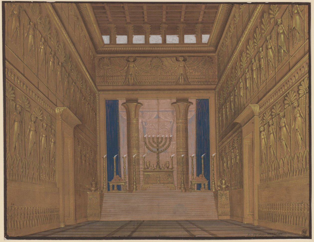 Athalia. Opera van Johann Nepomuk von Poissl. Ontwerp voor het 2e decor. Interieur van de Tempel in Jeruzalem door Karl Friedrich Schinkel