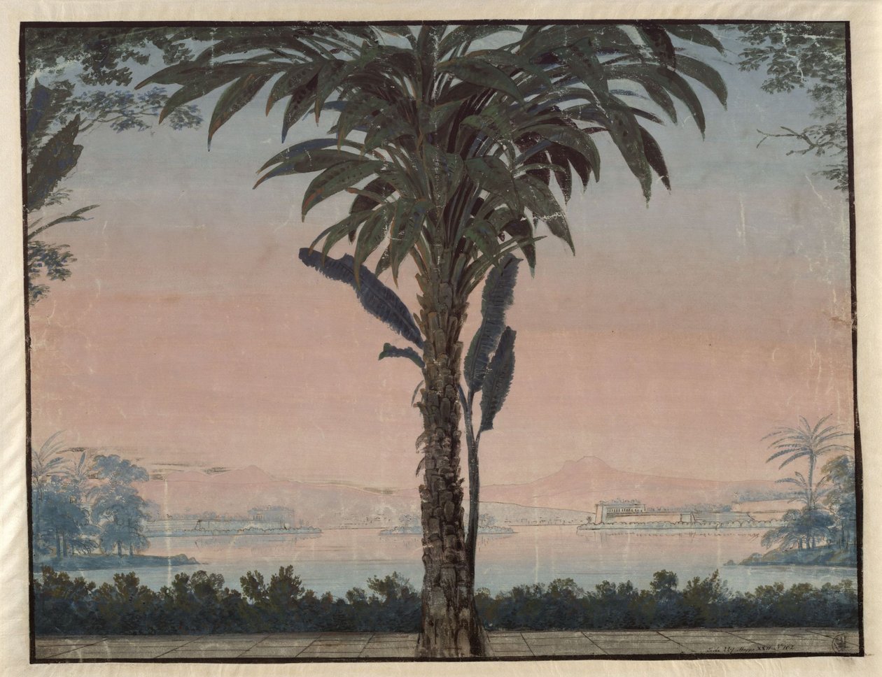 Athalia. Opera van Johann Nepomuk von Poissl. Ontwerp voor het vierde decor. De tuin van de hogepriester met een grote palmboom voor een waterpartij door Karl Friedrich Schinkel