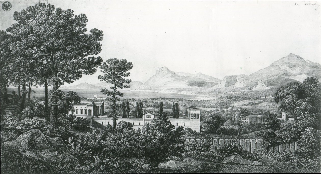 "Uitzicht vanuit het paleis van prins Valguarnera op een deel van de Bagaria bij Palermo en de Golf van Cefalù" door Karl Friedrich Schinkel