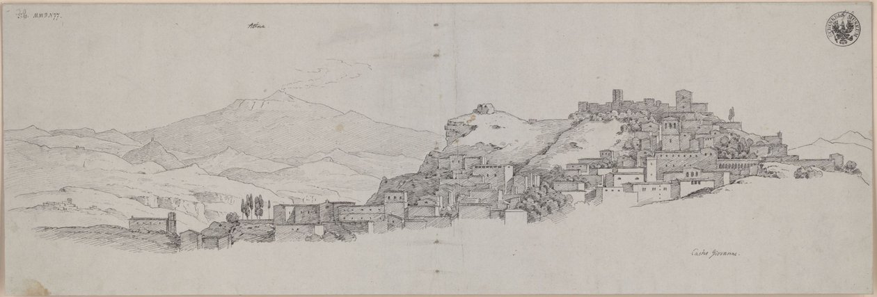 "Uitzicht vanaf de heuvel van Castro Giovanni op de Etna" / Uitzicht op Enna met de Etna op de achtergrond door Karl Friedrich Schinkel