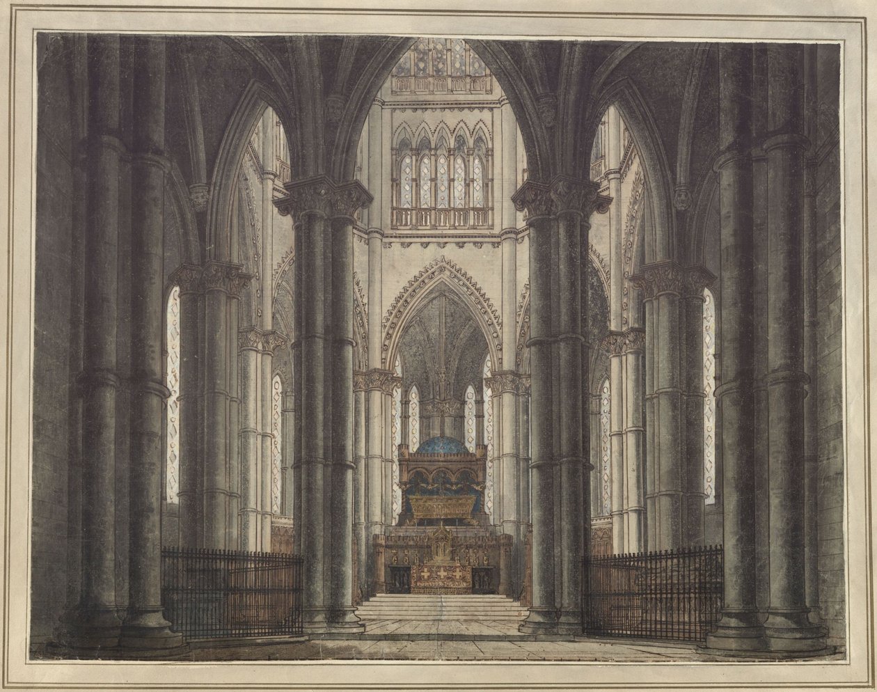 Axel en Walburg. Tragedie van Adam Oehlenschläger. Ontwerp voor een decor. Interieur van een grafkerk door Karl Friedrich Schinkel