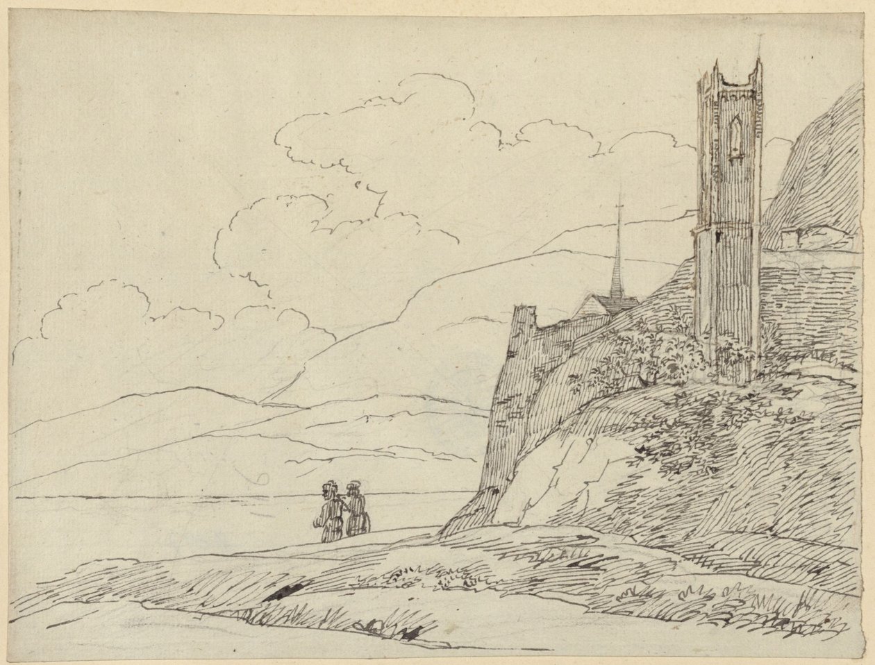 Berglandschap met torenruïnes en figuren door Karl Friedrich Schinkel