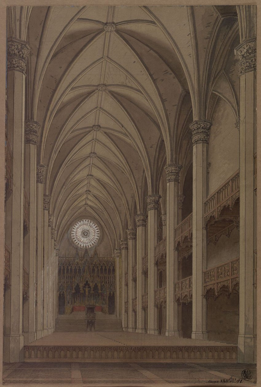 Berlijn. Petrikerk. Ontwerp voor de herbouw in gotische stijl. Binnenaanzicht met uitzicht op het altaar door Karl Friedrich Schinkel