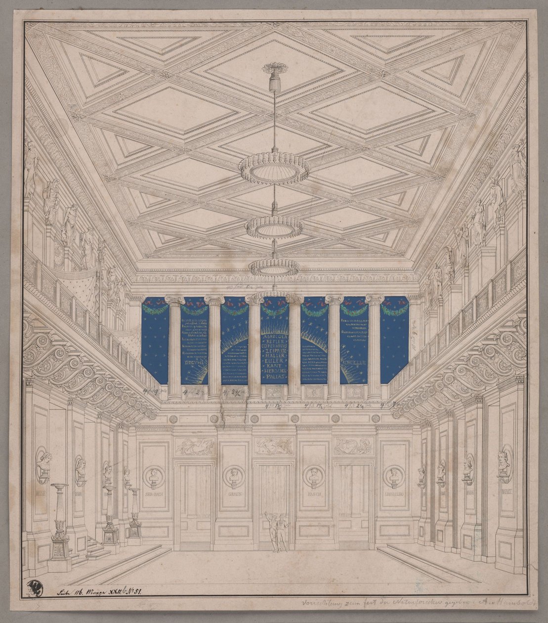 Berlijn. Schauspielhaus op de Gendarmenmarkt, concertzaal.  Decoratie ter gelegenheid van het feest van de natuuronderzoekers door Karl Friedrich Schinkel