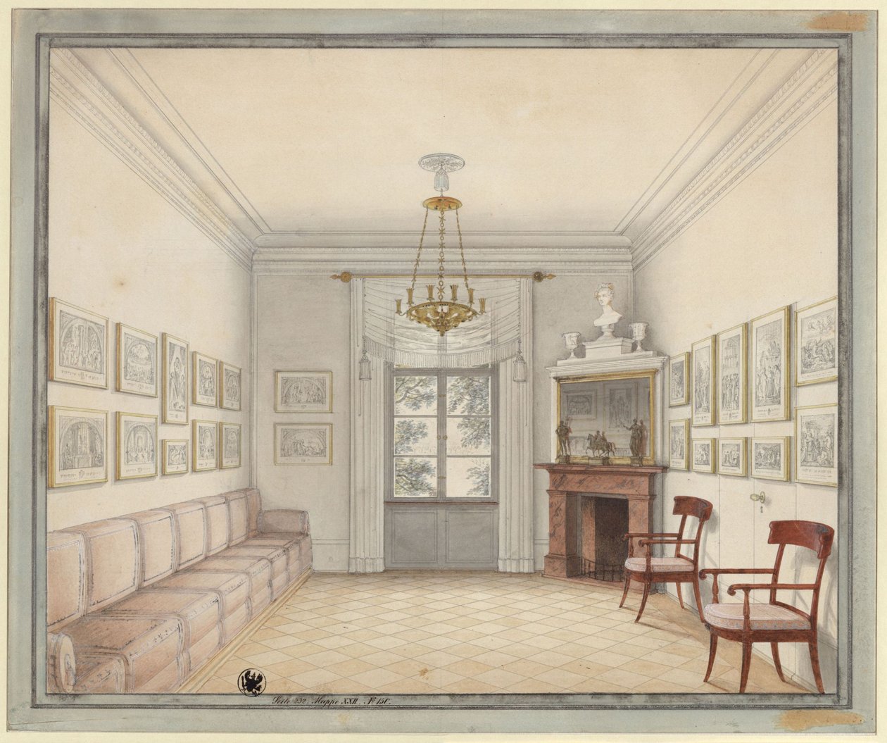 Berlijn. Slot Charlottenburg, slotpark, Nieuw Paviljoen (Schinkelpaviljoen). Aanzicht van de Witte Kamer als voorbeeld voor de inrichting van de vertrekken op de bovenverdieping door Karl Friedrich Schinkel