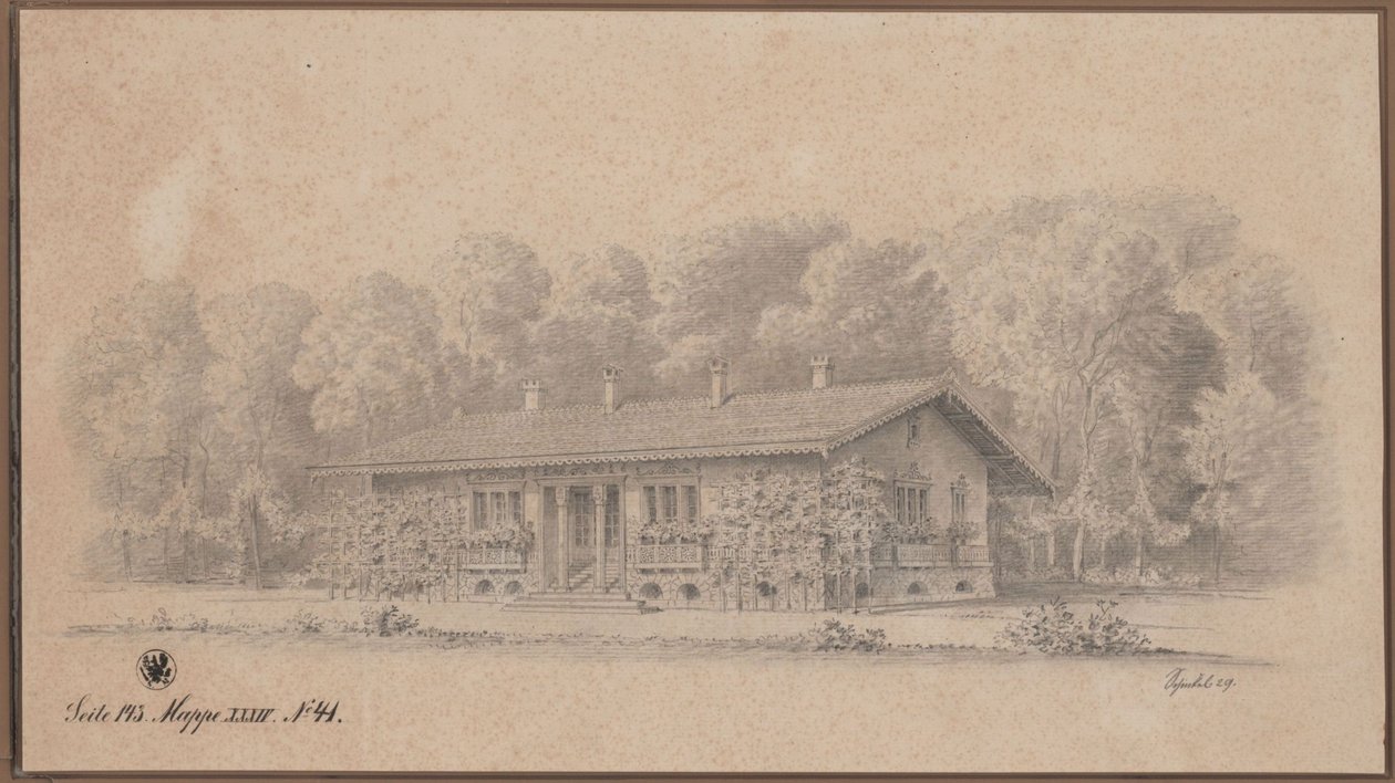 Berlijn. Zwitsers huis op het Pfaueninsel. Gezicht door Karl Friedrich Schinkel