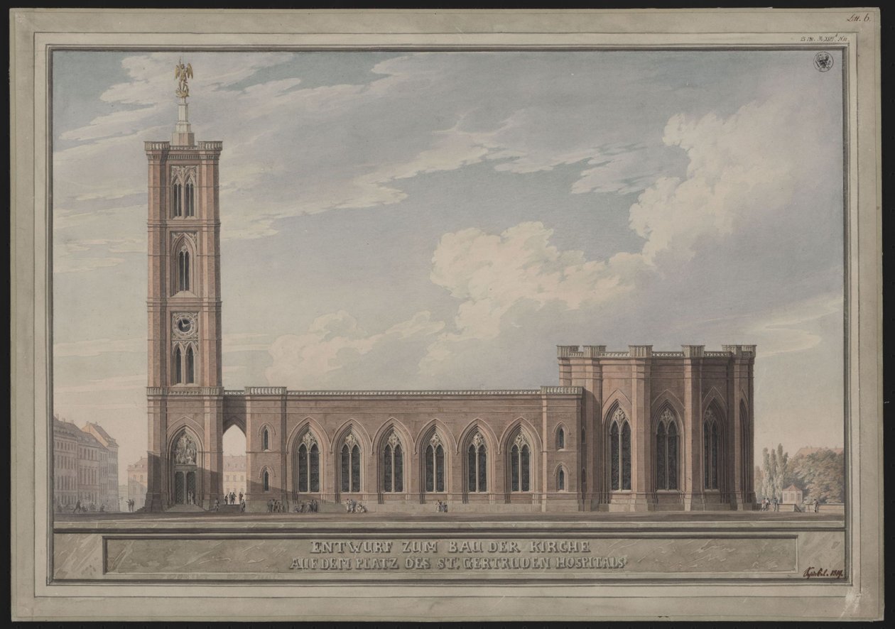Berlijn, Spittelmarkt. Ontwerp voor de Sint-Gertraudkerk. Buitenaanzicht door Karl Friedrich Schinkel