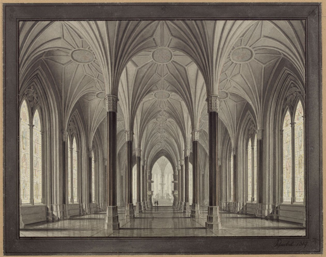 Berlijn, Spittelmarkt. Ontwerp voor de Gertraudkerk. Interieur, blik door het schip naar het koor door Karl Friedrich Schinkel