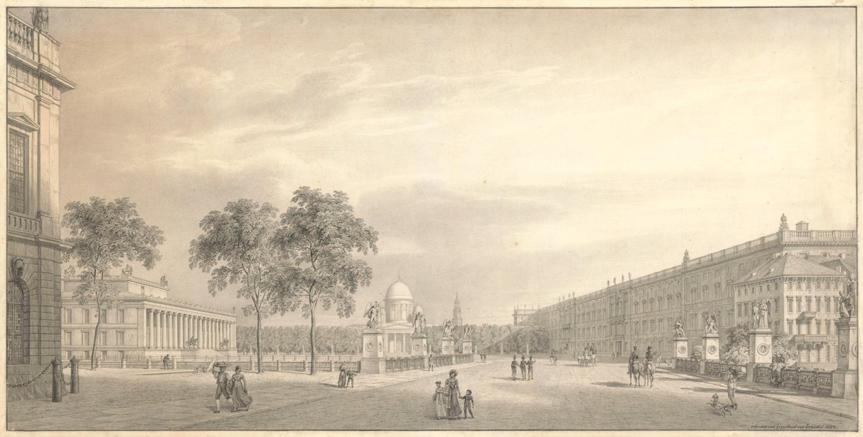 Berlijn, Unter den Linden. Uitzicht op de Lustgarten met de Schlossbrücke, het Altes Museum, de dom en het paleis door Karl Friedrich Schinkel