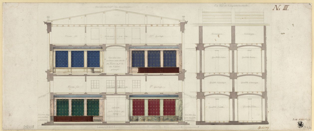 Berlijn, Unter den Linden. Ontwerp voor een warenhuis. Twee doorsneden door Karl Friedrich Schinkel