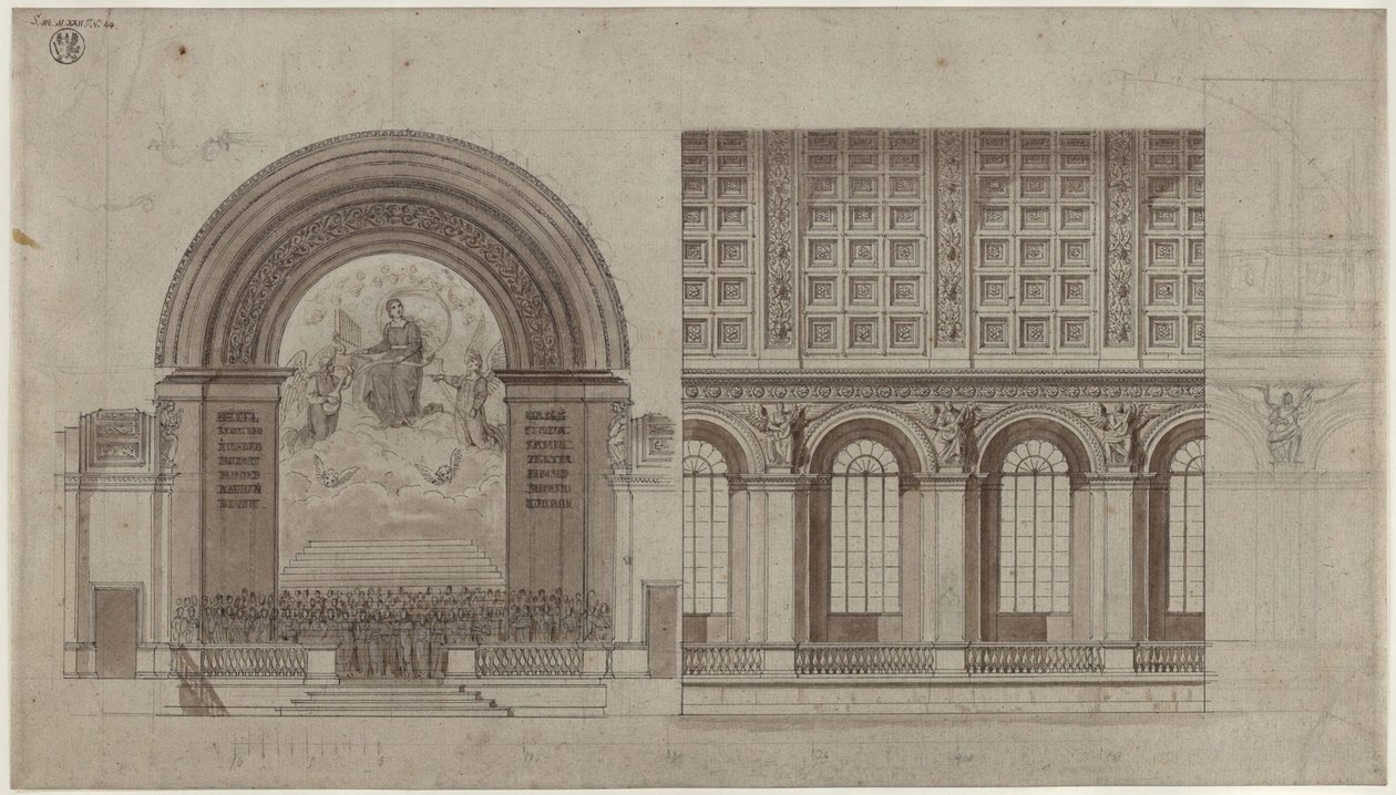 Berlijn, Unter den Linden. Ontwerp voor een zaal voor de Sing-Akademie in de achtervleugel van de Academie van Kunsten. Dwarsdoorsnede en lengtedoorsnede door Karl Friedrich Schinkel