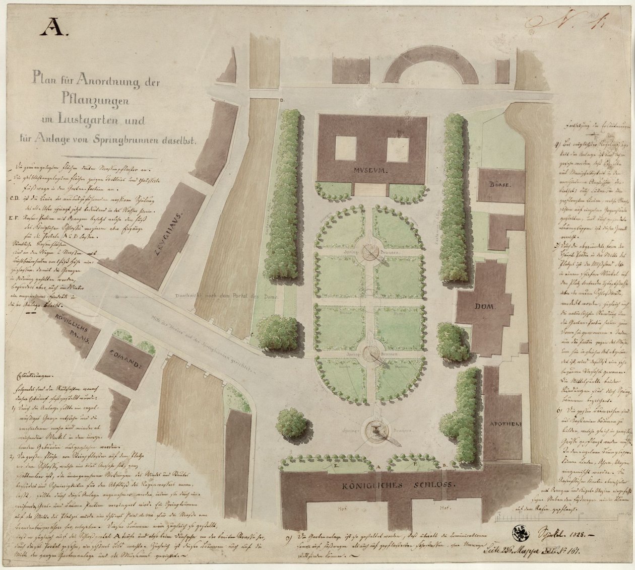 Berlijn, Unter den Linden. Ontwerp voor de inrichting van de Lustgarten door Karl Friedrich Schinkel