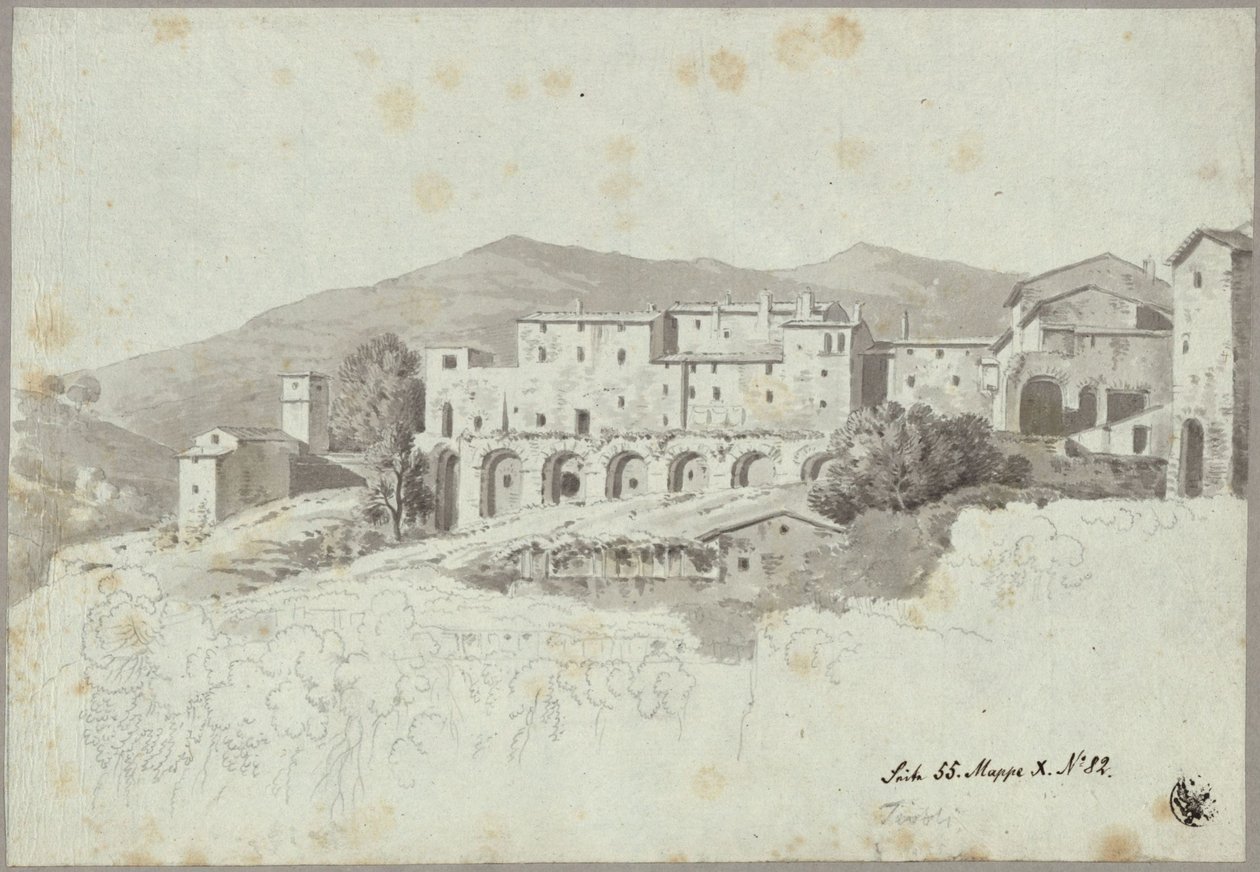 Gezicht op de in de periode na de oudheid overbouwde cryptoporticus aan de Piazza Domenico Tani in Tivoli door Karl Friedrich Schinkel