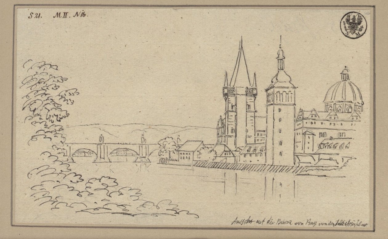 Uitzicht op de Karelsbrug in Praag met de brugtoren van de Oude Stad en de koepel van de Kruisherenkerk door Karl Friedrich Schinkel