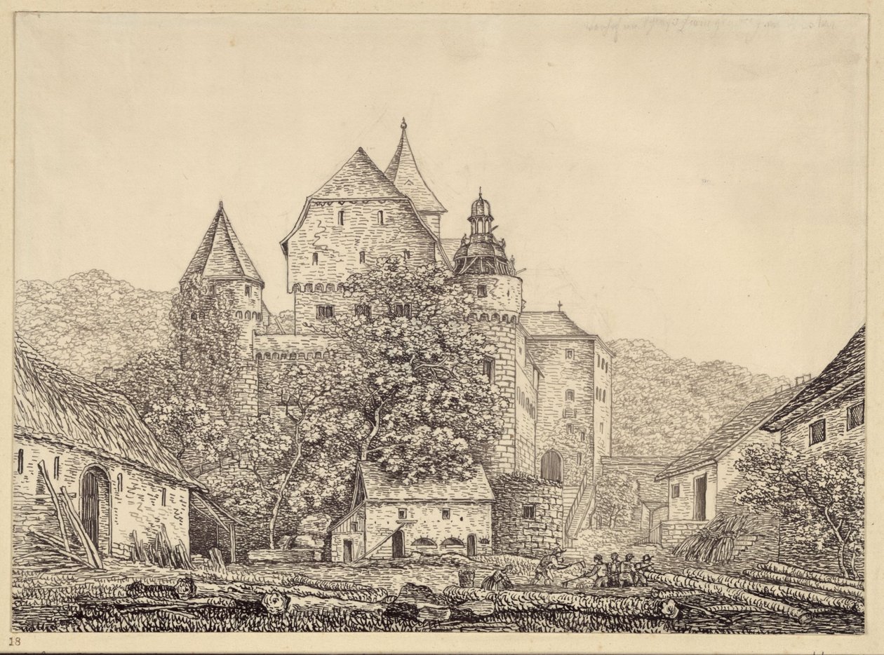 Kasteelachtige groep gebouwen in een berglandschap door Karl Friedrich Schinkel