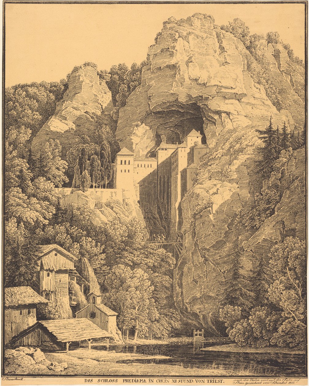 Het kasteel van Predjama in Carniola: twaalf uur rijden vanaf Triëst (Predjama Castle in Carniola, Twelve Hours from Trieste) door Karl Friedrich Schinkel