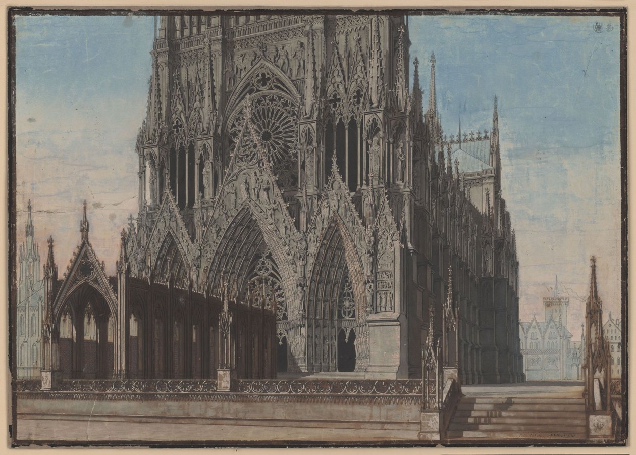 De Maagd van Orléans. Tragedie van Friedrich Schiller. Ontwerp voor het 9e decor. Gevel van de kathedraal van Reims door Karl Friedrich Schinkel