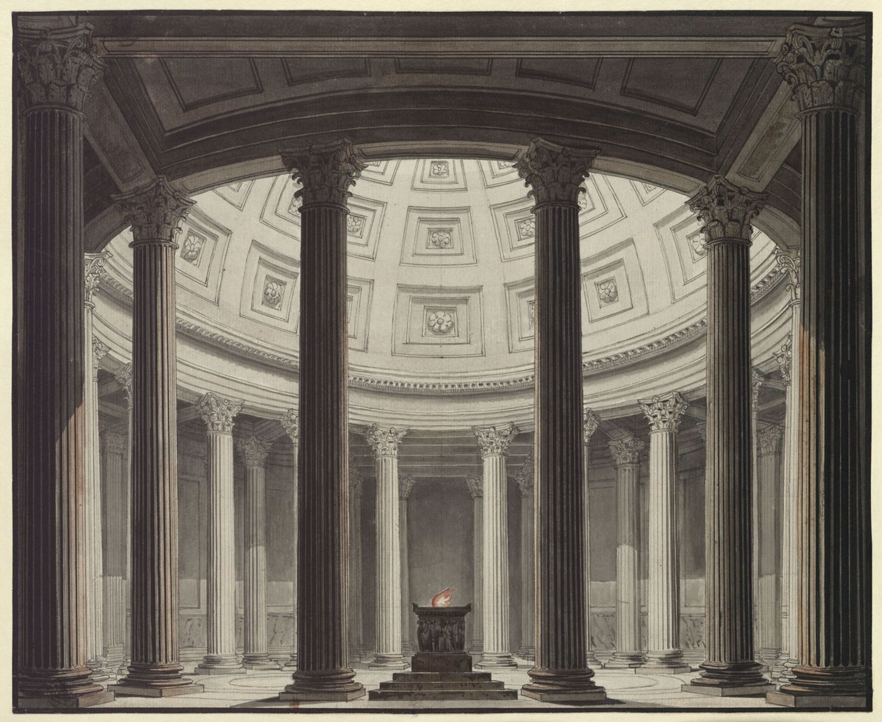 De Vestaalse maagd. Opera van Gaspare Spontini. Ontwerp voor het 2e decor. Blik in de tempel van Vesta door Karl Friedrich Schinkel