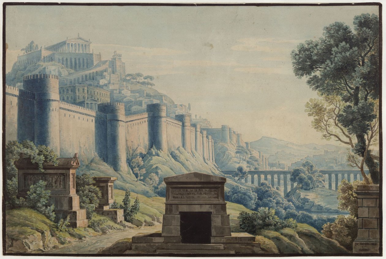 De Vestalin. Opera van Gaspare Spontini. Ontwerp voor het derde decor. Een stad in antieke stijl op een berg, omgeven door hoge muren door Karl Friedrich Schinkel