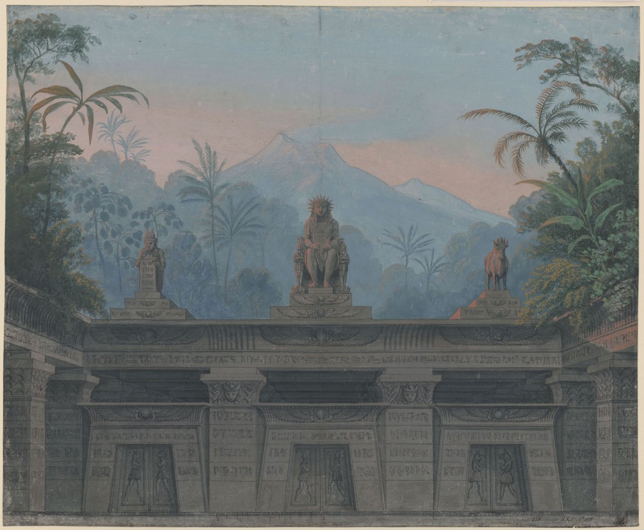 De Toverfluit. Opera van Wolfgang Amadeus Mozart. Ontwerp voor het 4e decor. Voorhof van Sarastros tempel door Karl Friedrich Schinkel