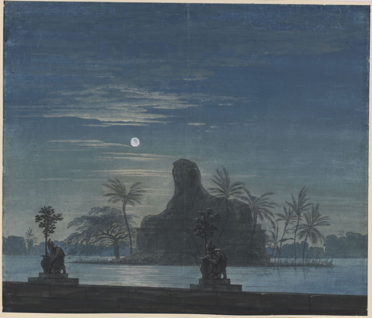 De Toverfluit. Opera van Wolfgang Amadeus Mozart. Ontwerp voor het 7e decor. De tuin van Sarastro met sfinx in het maanlicht door Karl Friedrich Schinkel