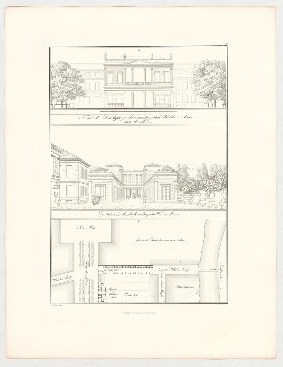 De verlengde Wilhelmstraße, blad 19 uit de reeks „Verzameling architectonische ontwerpen” door Karl Friedrich Schinkel