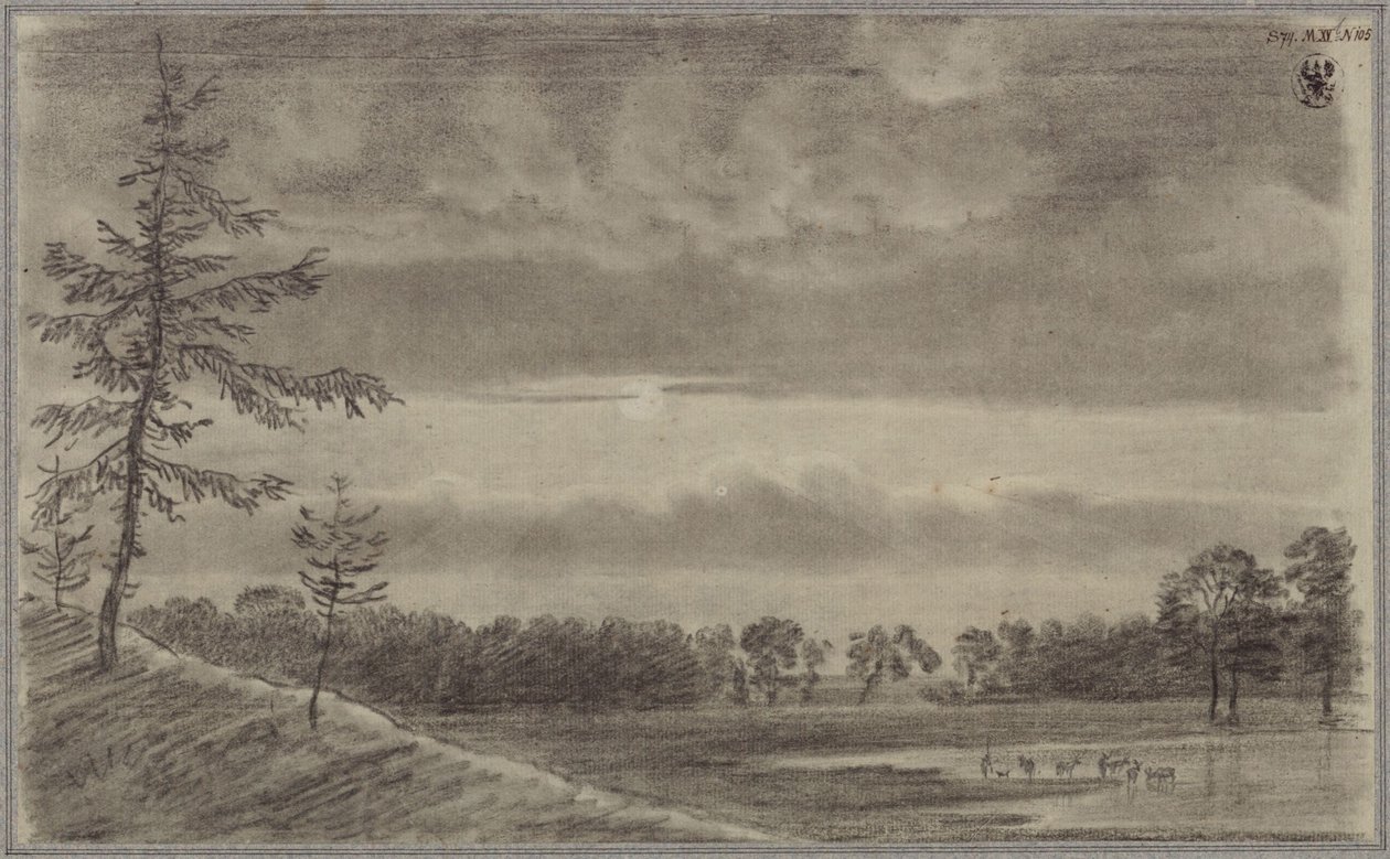 Een weide met bomen en vee door Karl Friedrich Schinkel