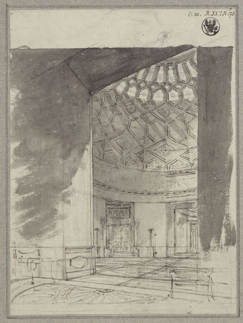 Engels landhuis. Uitzicht op de koepelzaal met cassetteplafond door Karl Friedrich Schinkel