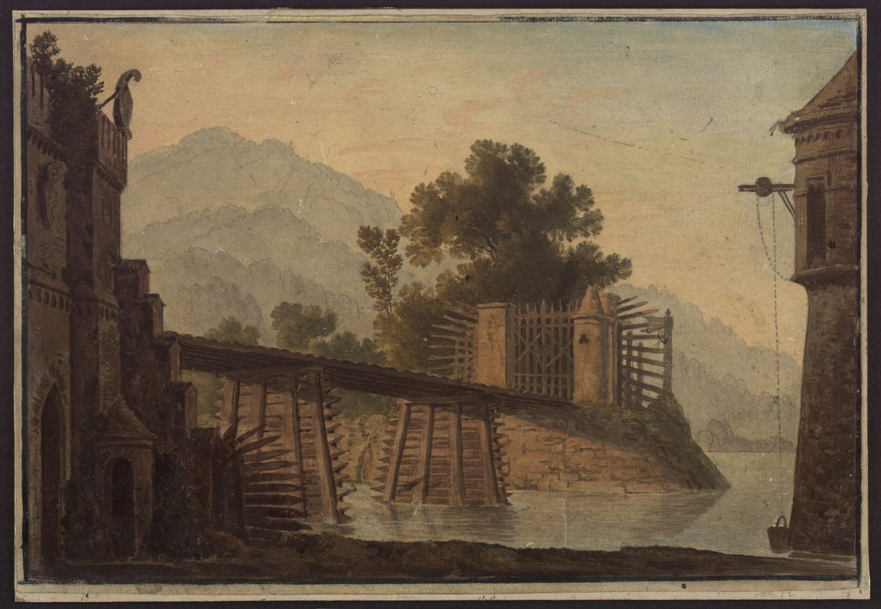 Faniska. Opera van Luigi Cherubini. Ontwerp voor het derde decor. Brug over een meer door Karl Friedrich Schinkel