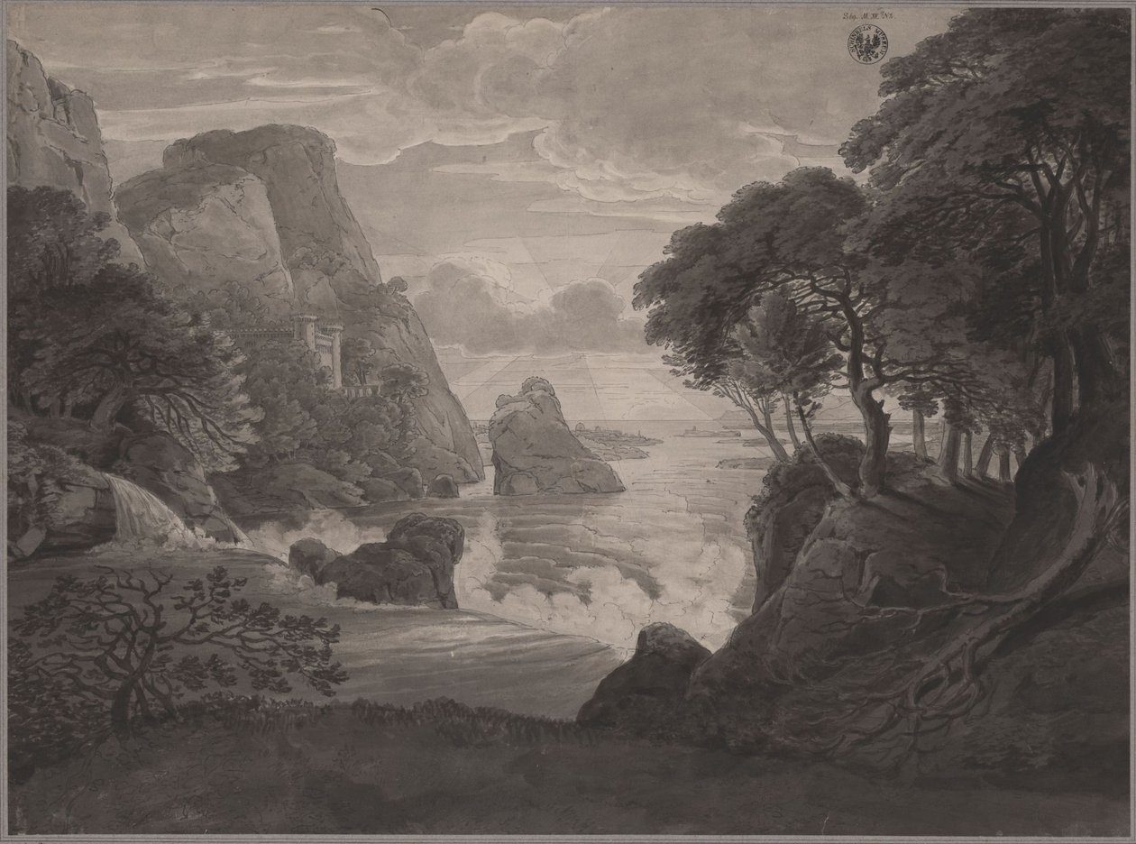 Rotsachtig kustlandschap met een kasteel door Karl Friedrich Schinkel