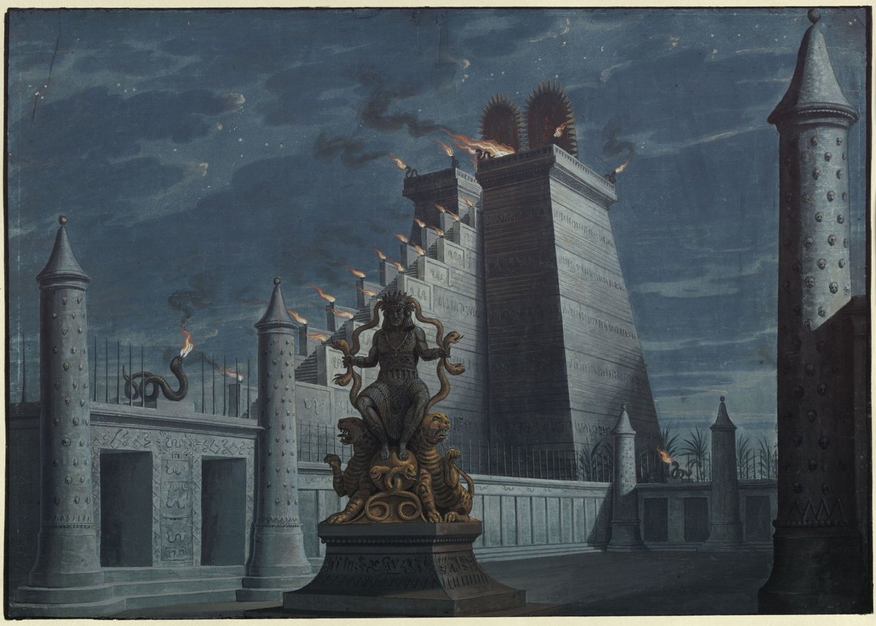 Fernand Cortez, of: De verovering van Mexico. Opera van Gaspare Spontini. Ontwerp voor het eerste decor. Indiaanse vuurtempel door Karl Friedrich Schinkel