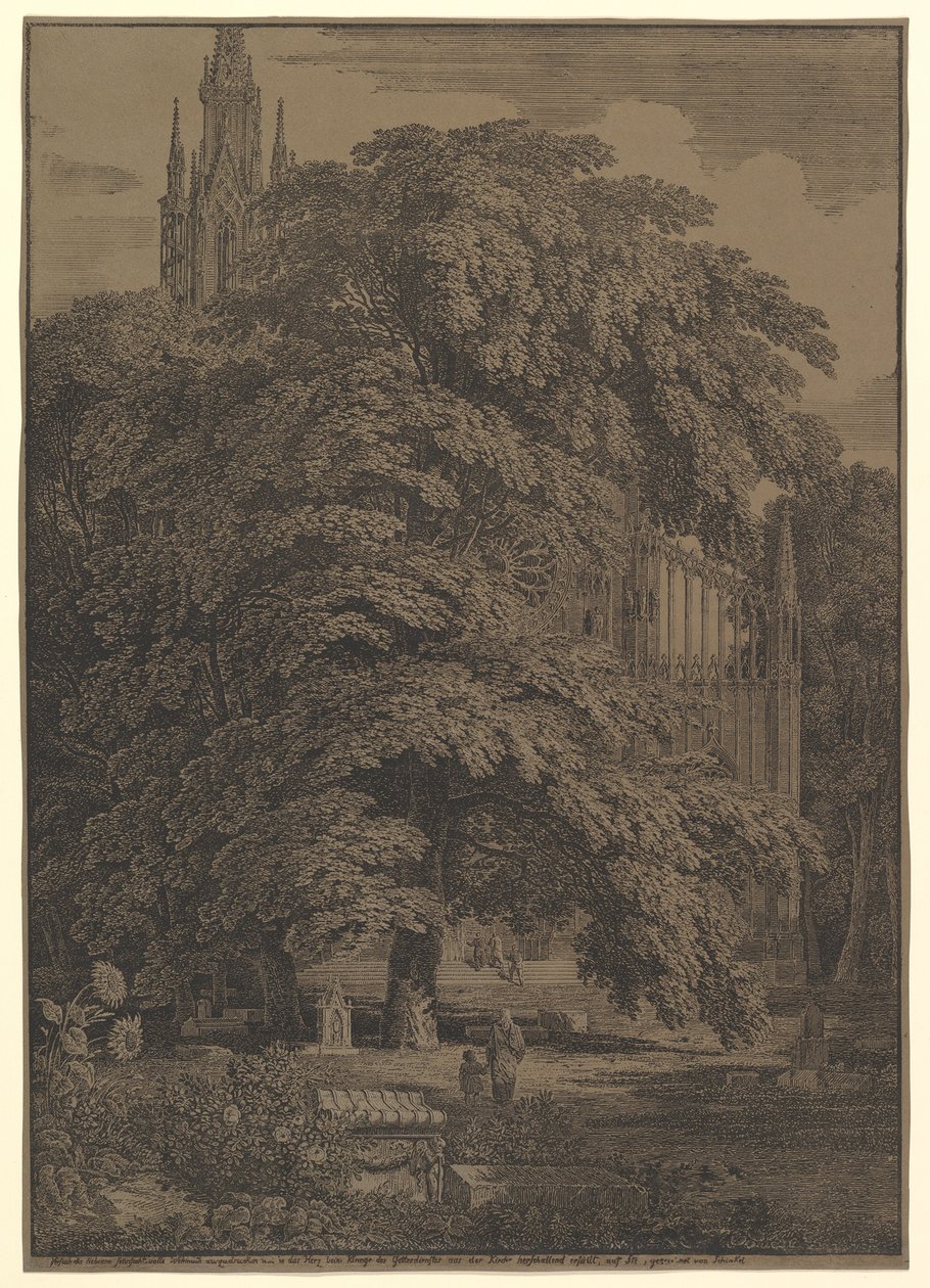 Gotische kerk, verborgen achter een boom door Karl Friedrich Schinkel
