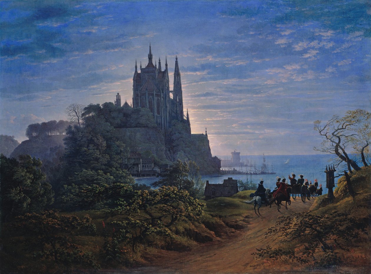 Gotische kerk op een rots aan zee door Karl Friedrich Schinkel